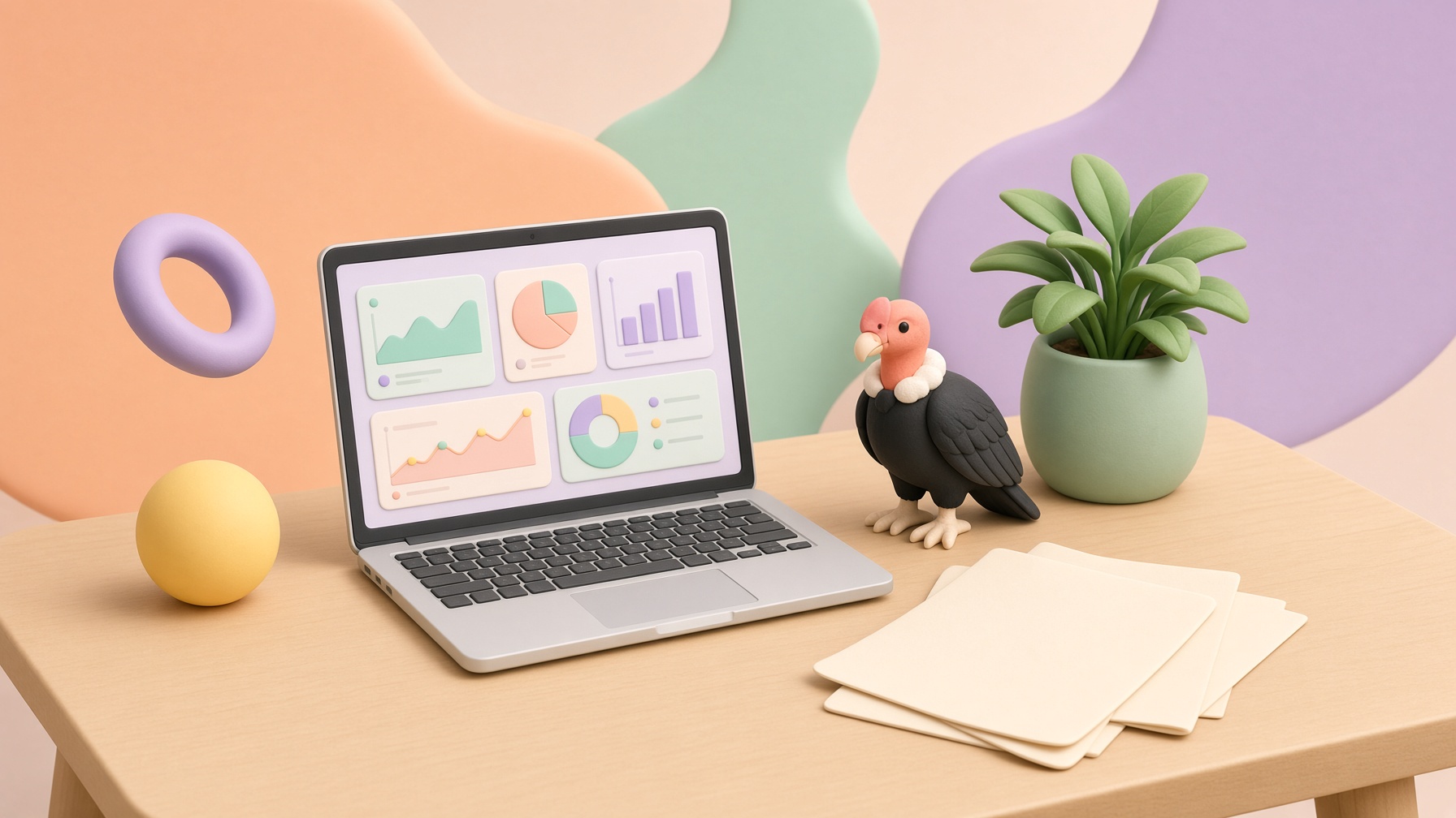 Mesa de estudio con laptop, planta y un cóndor de cerámica.